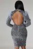 Casual jurken luxe avond voor vrouwen elegante lange mouw backless pailletten veren bodycon pakket hip nachtclub feestjurk 2023