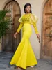 Casual Dresses Vintage Yellow Long Dress Lace Mesh Perspective Puff Sleeve Women Retro Bodycon Mermaid Spring Summer Ladies Formal Prom