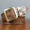 Riemen handgemaakte koeienhuidriem voor jeans dames mannen vintage patroon messing pin buckle cowhide echte lederen riem casual tailleband