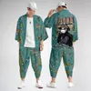 Ethnische Kleidung Japanischer traditioneller Stil Kostüm Männlich Harajuku Lose Kurzarm Top Hose Freizeit Mode Druck gemustert