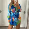 Women's Blouses Summer Floral Print Long Sleeve Mini Dress Women Sexy Turn Down Collar Lace-Up Dresses Female Elegant Lady Vestidos