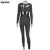 Tweedelige broek van dames xiktop nylon jumpsuits set vrouw 2 stuks sexy vacature op borst wrap crop top+hollow out gestreepte jumpsuit party club outfits t230512