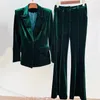 Women's Two Piece Pants Women Velvet Pantsuit Fashion Autumn Winter Blackish Green Single Button Blazer Wide Leg Flare Office Suits