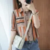 Women's Blouses Shirts Summer Korea Fashion Women Short Sleeve Turn-down Collar Cotton Linen Striped Shirts All-matched Casual Loose Blouses M169 230512