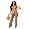 Kvinnors tvåbitar byxor Tassel Bandage Summer Beach Wear Two Piece Set Women Sexig Sheer Mesh Bikini Bar Crop Top + Pants Skinny Tracksuit Women Holiday T230512