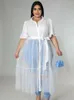 Robes de grande taille chemise col rabattu à manches courtes blanc taille haute Patchwork Midi Tulle tenues pour les femmes robes de soirée décontractées