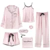 Spring, Autumn, Summer Pink Stripe Seven-Piece Set of Women's Sexy Sleepwear, Simulated Silk Seven-Piece Set of Home Furnishings