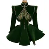 Hunter Green Velour Beading evening Cocktail Dresses Crystals Long Sleeves short homecoming Gown Robe De Soiree Chic