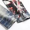 Herren Jeans Herren Retro Blau Muster Druck Bemalt Männer Streetwear Baumwolle Denim Hosen Knöpfe Löcher Zerrissene Distressed Hosen