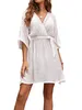 Women's Swimwear Women s Summer Bikini Cover Ups Dress See Through 3 4 Sleeve V Neck Bandage Shirt Beach Bathing Suit 230511