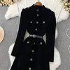 Casual Dresses Autumn Winter Windbreaker Retro Temperament Stand Collar Metal Button Slim Single Breasted Medium Long Gold Velvet Dress