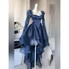 Casual jurken Franse vintage Roya Blue modieuze Midi -jurk met lange mouwen vrouwen onregelmatige elegant feest feeënvakantie prinses d