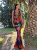 Casual Dresses Beach Holiday Party Maxi Dress for Women 2023 Rygglöst ärmlöst Bandage Lång spetsläckverk Se genom Robe