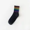 Chaussettes Femme Instime Unisex Stripes Mid Men Harajuku Colorful Funny 100 Cotton 1 Pair Kawaii Rainbow