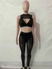 Women's Two Piece Pants Sexy Sheer Mesh Patchwork Two Piece Set Women Sleeveless Crop Top + Pants Suits See Through Club Party Women Set Outfits T230512