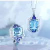 Necklace Earrings Set Foydjew Luxury Silver Color Wedding Engagement Simulation Aquamarine Sea Blue Topaz Stone Pendant Necklaces Rings