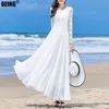 Casual Dresses Summer Large Swing Lace Patchwork Chiffon V-Neck Overdimensionerad Women's Dress Beach Solid Color High midja Slim Elegant Long Dresses 230512