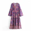 Casual Dresses Happie Queens Women Purple Floral Print Batwing Sleeve Beach Bohemian Pleated Maxi Ladies V Neck Summer Dress Vestidos