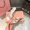 Slippers 2023 New Miu Home Slim Heels High Heels Bow Knot Rhinestone Half Trailer Open Toe Sexy One Line Slippers Sandals for Women G230512