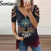 Kadın Tshirt Sonbahar Melek Kanatları Baskılı Kısa Kollu Top Vintage Vneck Zippered Flower Sessiz Gevşek Kadın Tshirt 230511