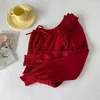 Casual Dresses Christmas Dress Red Kerst Bandage Short Ruffles Square Collar Backless Sexy Knitted Sweater For Women Robe Noel