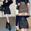 Kjolar kvinnors faux läderkjol med hög midja bodycon mini korea stil pu
