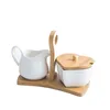 Export Heart-shaped pure white ceramic sugar pot Milk pot set bamboo wood handle with spoon milk cup