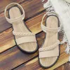 Sandals Women Casual Ankle Buckle Rome Style Shoes Summer Fashion Flock Woven Open Toe Narrow Band Flat Beach 230512