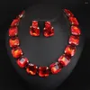 Necklace Earrings Set Stonefans Fashion Square Crystal For Women Shiny Red Rhinestone Stud Bridal Wedding Jewelry