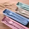 Makaron Wheat Straw Flatware Sets Portable Tableware Box Three-piece Set Children's Outdoor Travel Picnic Spoon Fork Chopsticks Q47