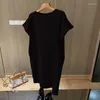 Casual Dresses Designer Straight Loose Long T-shirt Kjol Kvinnaklänning Bomull Solid Mid-Calf Regular O-Neck