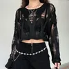 Chemisiers pour femmes HOUZHOU Gothique Noir Maille Tricoté Chemises Femmes Sexy Évider Transparent Crop Top Mode Coréenne Lâche Goth Y2k Blouse