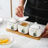 Storage Bottles Household Square Ceramic Seasoning Tank Set Flower Box Kitchen MSG Salt Bowl Sugar