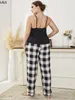 Kvinnors plus -storlek på spåren Pants Passar Two Piece Set 4xl Big Pyjamas Plaid Bottoms Sleep Wear Women spets cami pyjama elastisk midja byxa set 230511