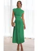 Casual Dresses Foridol Stand Collar Waist Cut Out Women Summer Midi Dress Green Sleeveless A-line Holiday Beach Solid Vestidos Party Robe 230512