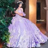 Lilas lavande Princesse Quinceanera Robes Hors Épaule 3D Floral Gillter Paillettes Lace-up Corset prom Vestidos 15 anos rosa