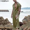 Hosen INCERUN Sommer Männer Casual Overalls Solide Kurzarm Streetwear Dünne Strampler Lose Atmungsaktive Taste Männer Cargo Overalls S5XL