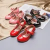 Slipper princess leather dance shoes girls party bow shiny Solid Red color high heeled fashion for kids 230511