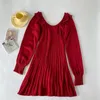 Casual Dresses Christmas Dress Red Kerst Bandage Short Ruffles Square Collar Backless Sexy Knitted Sweater For Women Robe Noel