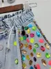 Shorts femininos vintage Crystal Diamond Contrast Color Denim for Women Elastic Waist Lace-up jeans curto 2023 Moda de verão H178