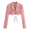 Trajes de mujer YENKYE 2023, chaqueta corta rosa desteñida con cordón a la moda para mujer, chaqueta Vintage de manga larga con gancho frontal, prendas de vestir exteriores elegantes para mujer