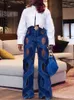 Dżinsy damskie kobiety streetwear wycięcie pustego Criss Cross Prosty Flare Denim Pants Ins Fash Modne Spodnie na szerokie nogi 230512