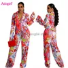 Tweedelige broek voor dames adogirl bloemenprint geplooid Losse tweedelig set 2022 herfstvrouwen afslaan kraag knop met lange mouwen met lange mouwen bovenste wijd been broek T230512