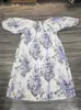 Dresses 2023 New Women Cotton ONeck Floral Print Dress Lady Lantern Sleeves Summer Half Sleeve with Belt Long Robe
