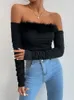 Dames t shirts IDRESS sexy off schouder dames faux bont veer lange mouw crop top black blouses chic fashion feest backless strapless