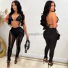 Tweedelige broek voor dames Adogirl Grommet Lace Up Sheer Mesh Tweed Piece Set Women Sexy Outfits Bra Top + Hollow Out Pencil Pants 2022 Zomerclubpak T230512