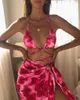 Work Dresses SKMY 2023 Summer 3 Piece Set Women Tie Dye Printing Bandage Lace-Up Sexy Bras Crop Top Panties And Mini Skirt Suits