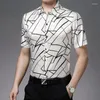 Men's Casual Shirts Fashion Luxury Dress Men Shirt Real Silk High-End Short Sleeve Summer Quality Smooth Comfortable Slim Print Chemise