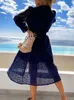 Vestidos casuais elegantes Hollow Out Lace Solid Dress Office Lady Slit Button Dress Summer Spring Spring Sleeve Tennis Beach Dresses Robe 230512