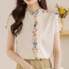 Damenblusen, Rüschen vorne, Vintage-Stil, bedruckt, Sommer-Chiffon-Bluse, Damen, kurzärmelig, Satin-Top, koreanisches elegantes Damen-Blumenmuster